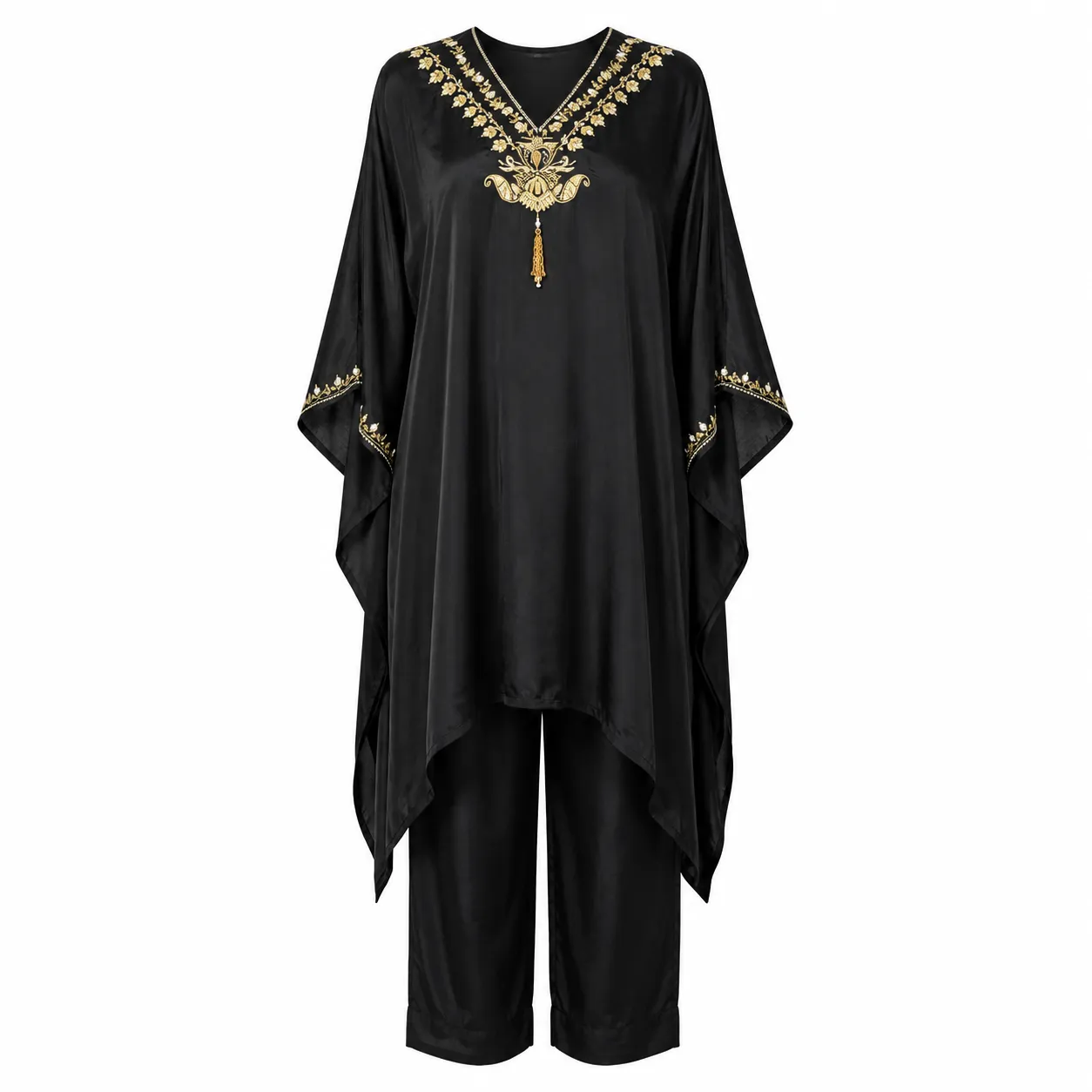 Black Embroidered V-Neck Kaftan Set with Relaxed Pants